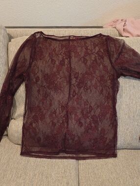 Sheer Lace Long-Sleeve Top - Burgundy